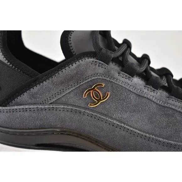 Chanel 23K Grey Suede Black White CC Logo Lace Up Low Top Trainer Sneaker 39.5 - Picture 4 of 15
